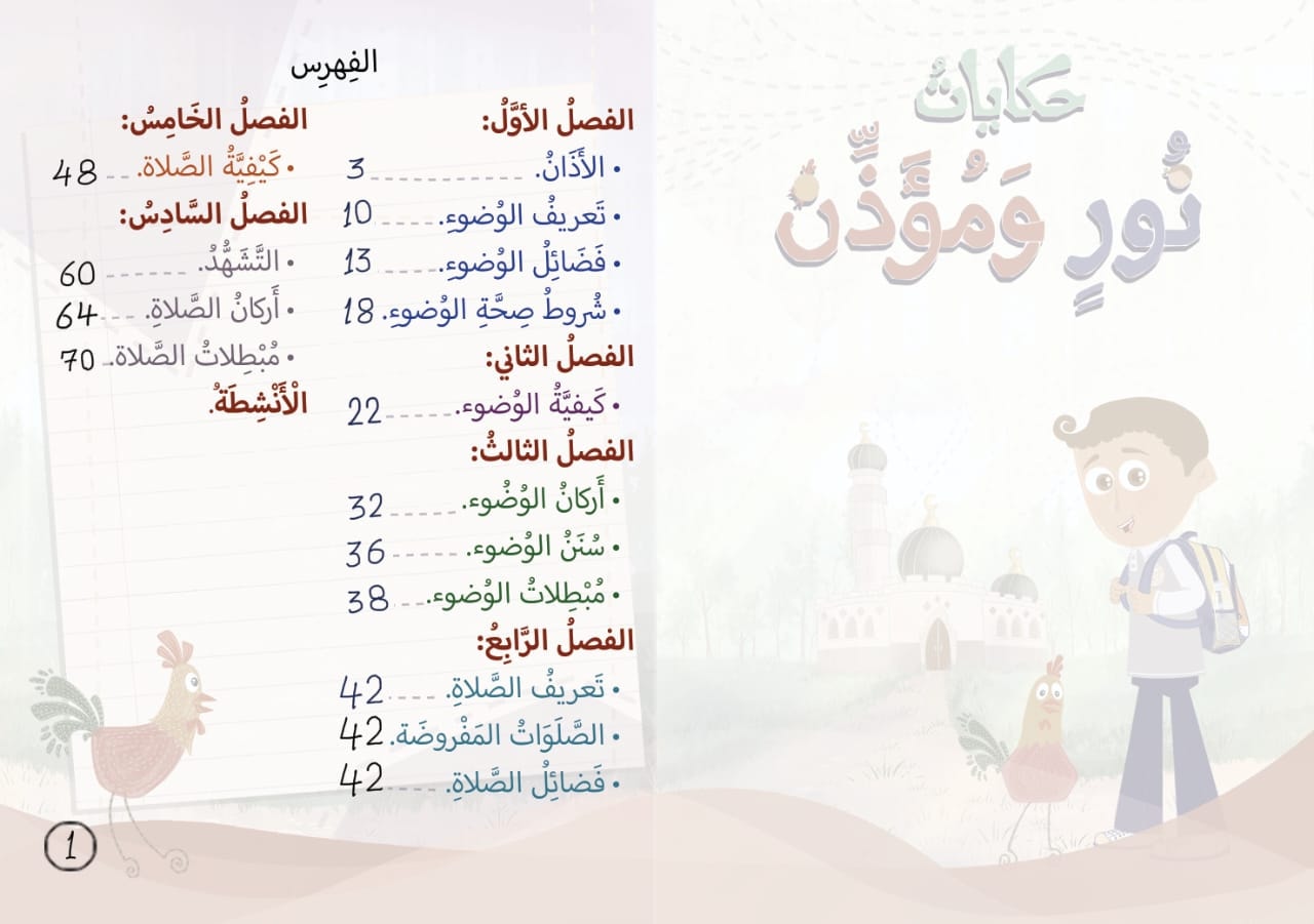 فهرس حكايات نور ومؤذن، ويشمل الأذان والوضوء والصلاة والأنشطة